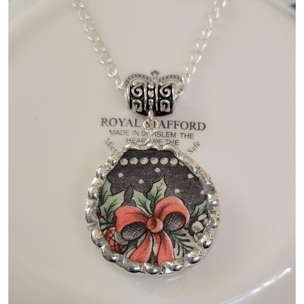Royal Staffordshire Christmas Broken China Necklace Festive Bow Holiday Pendant